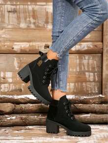 .Nuevos botines de tacón alto con adornos para otoño/invierno. Botas de mujer con tacón grueso, cordones y punta redonda.(Altura del tacón 7 cm) - Negro - Ver 4