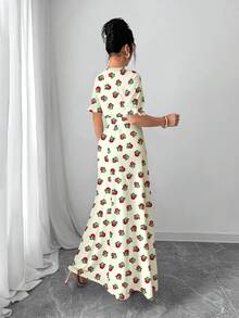 Al Najma 花卉植物印花A字中长连衣裙，收腰设计，圆领，短袖，春夏款 - 彩色 - 查看 2