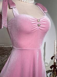 Elamini Đầm ngắn dáng chữ A bằng nhung cổ điển không dây vai, thắt eo - Hồng - Xem 6