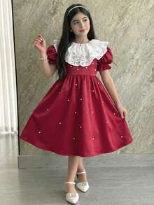 Serisse Kids Tween-Mädchen Kleid im Prinzessinnenstil mit abnehmbarem Kontrast-Rüschenkragen und aufgeblähten Ärmeln in Rot - Rot - Übersicht 8