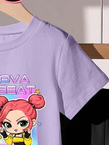 两件套休闲简约英文字母动漫图案紫色短袖圆领T恤和黑色喇叭裤，可爱卡通趣味时尚女童套装，适合所有季节