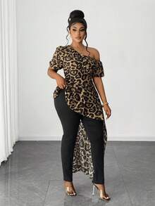 Maweii Plus Size Leopard Print Asymmetric Hem Sexy Shoulder Shirt - Brown - View 3