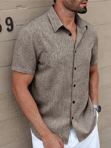Manfinity Homme Manfinity CasualCool 男士亚麻条纹短袖衬衫，适合夏季日常通勤 - 棕色 - 查看 3