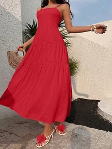 Sunnyshic Peach Textured Fabric Drawstring Pleated Camisole Loose Flowy Dress, Flattering & Vacation Style, Sleeveless - Fiery Red - View 7