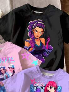 SHEIN 3件套 少女休闲时尚街头风可爱卡通动漫女团设计，萌系韩流动漫，奶油粉、紫罗兰、酷炫黑，2025年新款 小女孩 [上衣] 韩流风格图案T恤，彩色卡通人物印花衬衫 - 彩色 - 查看 5