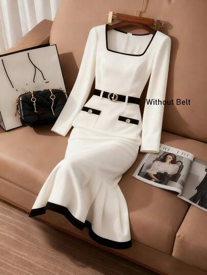 Franclia Women's Fashionable Elegant Color Block Mermaid Dress White Elegant Dress Women White Classy Dress Long Sleeve Elegant Dress Elegant White Long Sleeve Dress White Formal Dress Elegant White Dress White Women Dress White Dress With Black Trim White Mermaid Dress Dress With Belt Sets For Women Elegant 2 Piece Skirt Sets Woman