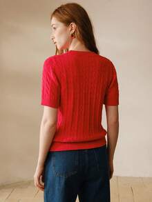 MOTF PREMIUM WOMEN'S BOW EMBROIDERY SHORT SLEEVE CABLE KNIT TOP - Red - View 3