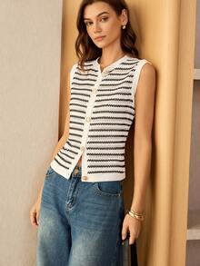 Lymera Spring/Summer New Fashion Casual Versatile Black & White Jacquard Knit Fabric Metal Buckle Tank Top - Multicolor - View 3