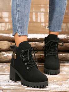 .Nuevos botines de tacón alto con adornos para otoño/invierno. Botas de mujer con tacón grueso, cordones y punta redonda.(Altura del tacón 7 cm) - Negro - Ver 1