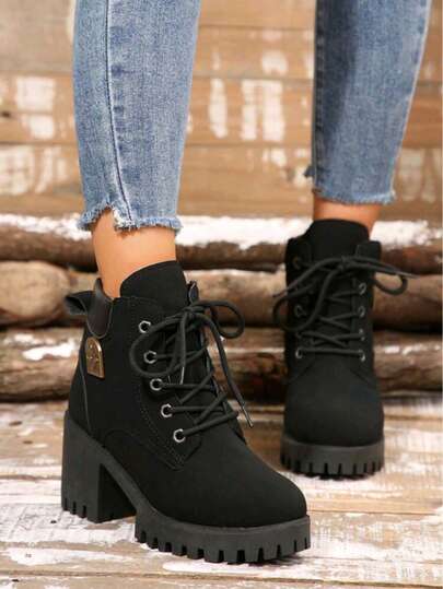 ISPORTE .Nuevos botines de tacón alto con adornos para otoño/invierno. Botas de mujer con tacón grueso, cordones y punta redonda.(Altura del tacón 7 cm)