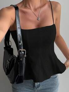 DAZY Camiseta de tirantes casual de tela texturizada para vacaciones de mujer - Negro - Ver 5