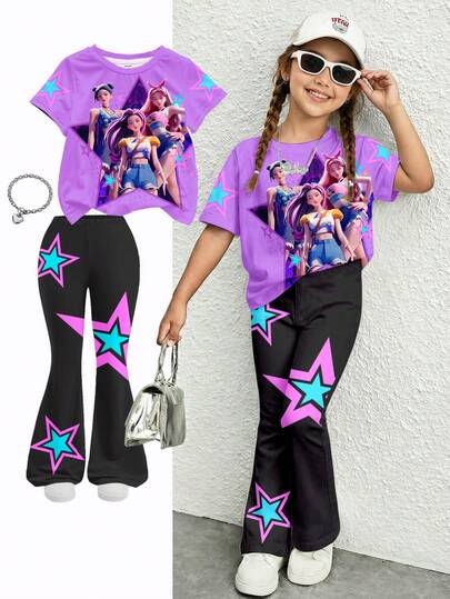 SHEIN 2pcs/Set Purple Contrast Nighttime Black, K-Pop Cartoon Girl Outing, Star Print Pattern, Young Girl Casual Minimalist Cartoon Design Round Neck Short Sleeve Top And Flare Pants Outfit, Suitable For Summer Cute Outings, Summer Kids Items, Korean Style, Homecoming, Easy Comfort & Stylish Kids, Spring & Summer Outfits For Outing, Casual Wear, Baby & Kids Graphic Tops, Summer New Style, Spring & Summer Fashion