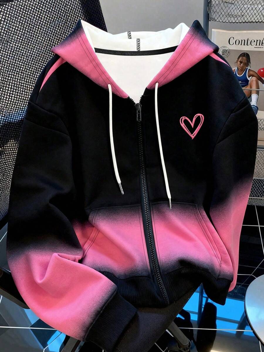 SHEIN 女士户外休闲卫衣,秋冬新品,户外/运动服,黑色、粉色、爱心印花,街头摄影,高能见度,女士卫衣 - 彩色 - 查看 1