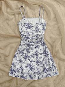 SHEIN 少女休闲 Dreamara 蓝白碎花网纱度假/假日/复古/沙滩/海洋/优雅连衣裙，可爱 - 藍白色 - 查看 2