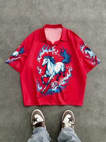SWAVVY Áo sơ mi đỏ in hình ngựa phương Đông, áo tay ngắn phong cách đường phố cá tính, họa tiết ngựa lửa xanh nổi bật, áo sơ mi cài nút thoải mái, phù hợp với giới trẻ sành điệu và những người yêu thích văn hóa châu Á. - Đỏ - Xem 8