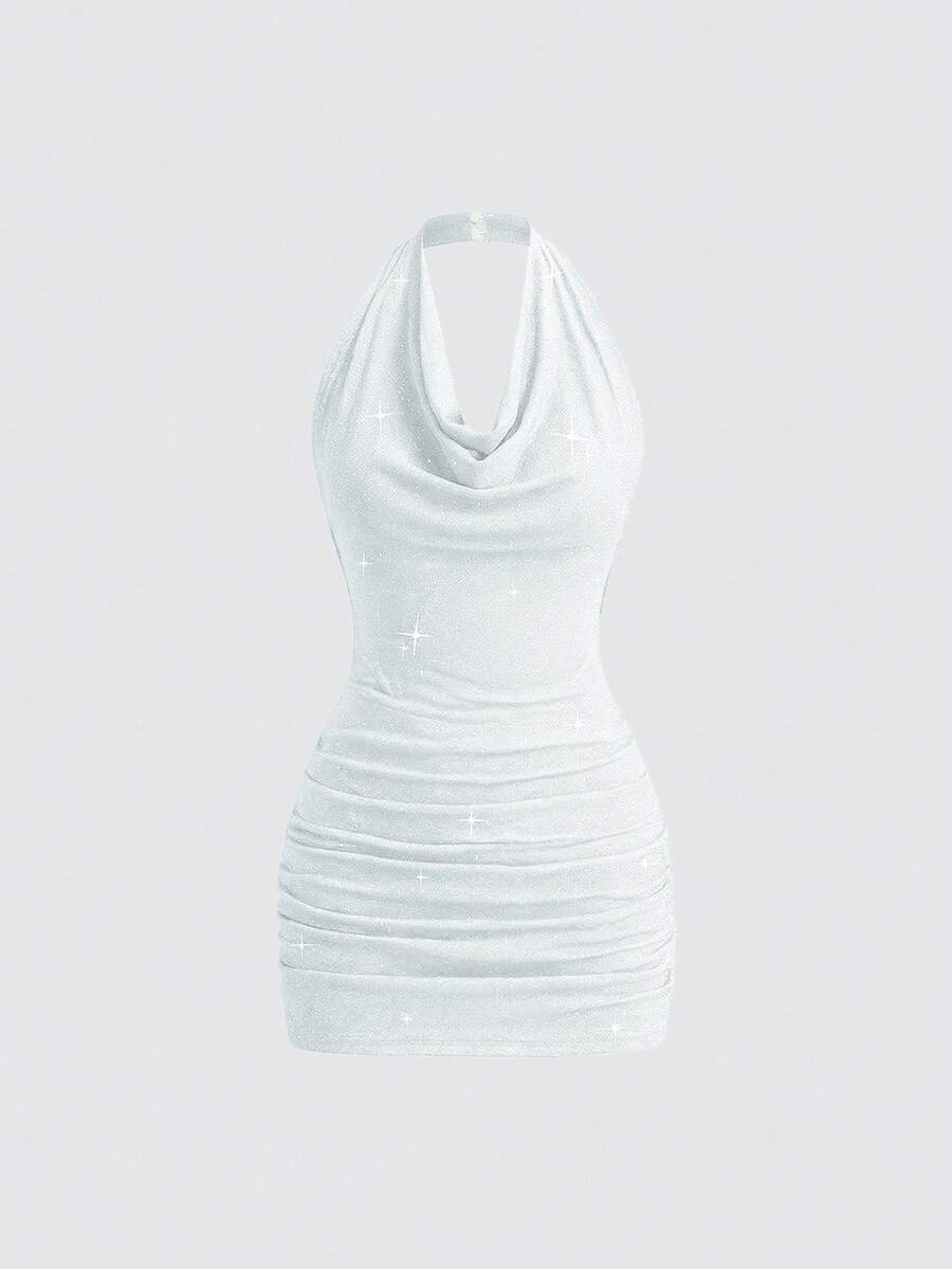 SHEIN PETITE Women's Short Turtleneck Backless Sequin Bodycon Party Mini Dress - Silver - View 1