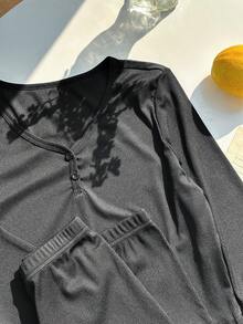 Teen Girls'T-Shirt Set, Casual Autumn Black Holiday Long Sleeve V-Neck Button Decor Vertical Striped Top+Elastic Waist Shorts Set, Relaxed Fit Wear - Black - View 6