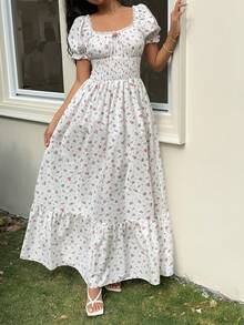 Sunnyshic Đầm nữ dáng thường ngày, đa năng, thích hợp đi nghỉ mát, dự tiệc, ăn tối, dạo phố mùa xuân, phối ren hoa, eo xếp ly, cổ vuông, tay phồng, thích hợp cho mùa xuân/hè. - Nhiều màu - Xem 5