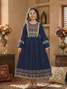 Girls' Abaya Dress, Square Neck Long Sleeve A-Line Dress With White Tassel Decor On Chest And Sleeves, Vintage Geometric Pattern Patchwork, Suitable For Festivals  Girls Navy Blue Abaya Kids Arabic Dress Girls Modest Dress Girls Navy Blue Modest Dress Girls Abaya - Navy Blue - View 9