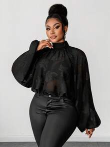 Maweii 大码女式立领雪纺提花薄纱性感约会之夜灯笼袖衬衫 - 黑色 - 查看 2