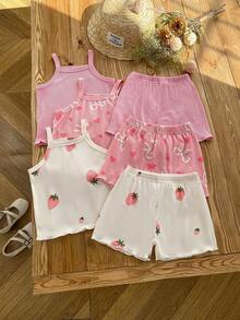 SHEIN 女婴舒适百搭甜美可爱背带短裤套装，多件套，夏季