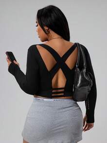 Rhythm Era 大码女式无缝交叉露背性感运动长袖T恤 - 黑色 - 查看 5