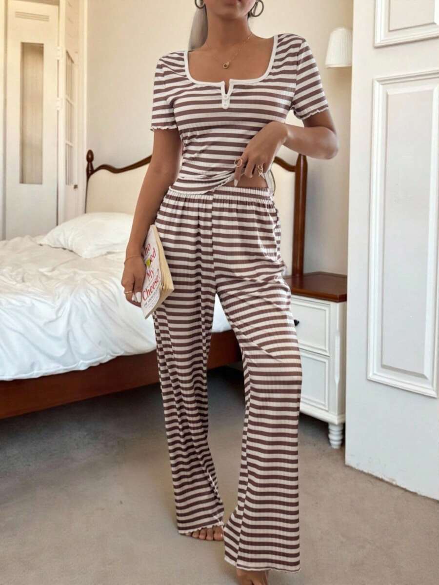 Dream Adore Conjunto de pijama de punto a rayas sencillo para mujer - Top de manga corta y pantalón largo - Marrón - Ver 1