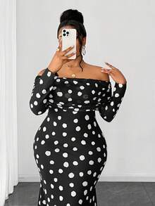 Maweii Đầm dài tay dáng đuôi cá, trễ vai, chấm bi, thanh lịch, thắt eo dành cho nữ cỡ lớn, thích hợp cho các buổi hẹn hò và tiệc tùng. - Đen và trắng - Xem 2