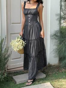 Sunnyshic 女士黑色波点收腰A字连衣裙，休闲百搭，适合外出、约会、海滩度假、春秋季穿着。 - 黑色 - 查看 5