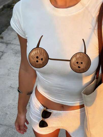 Sundraya T-shirt court ajusté imprimé de bandes dessinées décontracté pour femmes, été