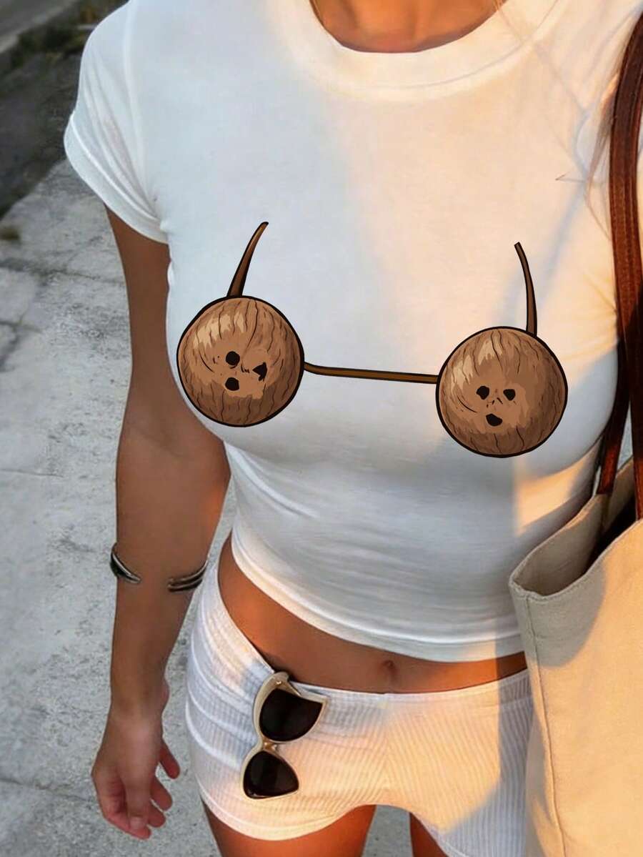 Sundraya Women's Casual Cartoon Print Fitted Cropped T-Shirt, Summer - White - View 1