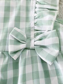 SHEIN 女婴清新编织绿白格子无袖连体衣，腰间饰有蝴蝶结，甜美可爱，适合日常穿着和度假。 - 綠色 - 查看 8