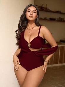 Swim Chiccia 大码三件套优雅棕色金属扣装饰连体泳衣，可拆分搭配其他服饰，适合派对和度假穿着 - 酒紅色 - 查看 2