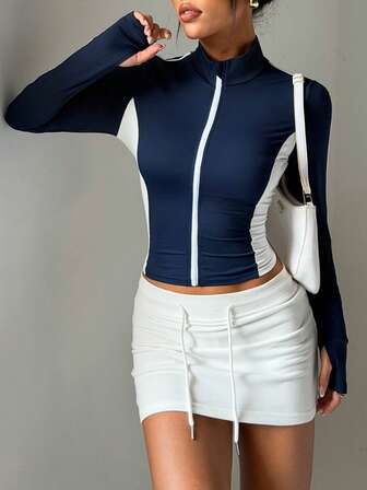 CourtClass Damen Farbblock Stehkragen Jacke mit Reißverschluss und Kapuze mit Kordelzug, Langarm Tight Fit Sportjacke geeignet für täglichen Lässig Wear, Laufen, Yoga, Fitness, Tennis, Golf usw., Herbst/Winter