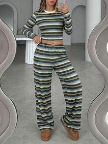 Modelyn 2条/套 条纹面料低腰休闲裤 - 彩色 - 查看 3