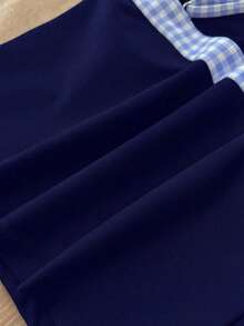 SHEIN 少女黑白蝴蝶结撞色吊带泳衣套装，保守款比基尼套装，适合海滩度假 - 藏蓝色 - 查看 4