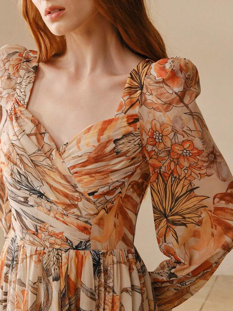 MOTF Soiréza DIAMOND-NECKLINE LONG LANTERN SLEEVE FLOOR-LENGTH CHIFFON PARTY GOWN, FORM-FITTING SILHOUETTE FOR SPRING/AUTUMN