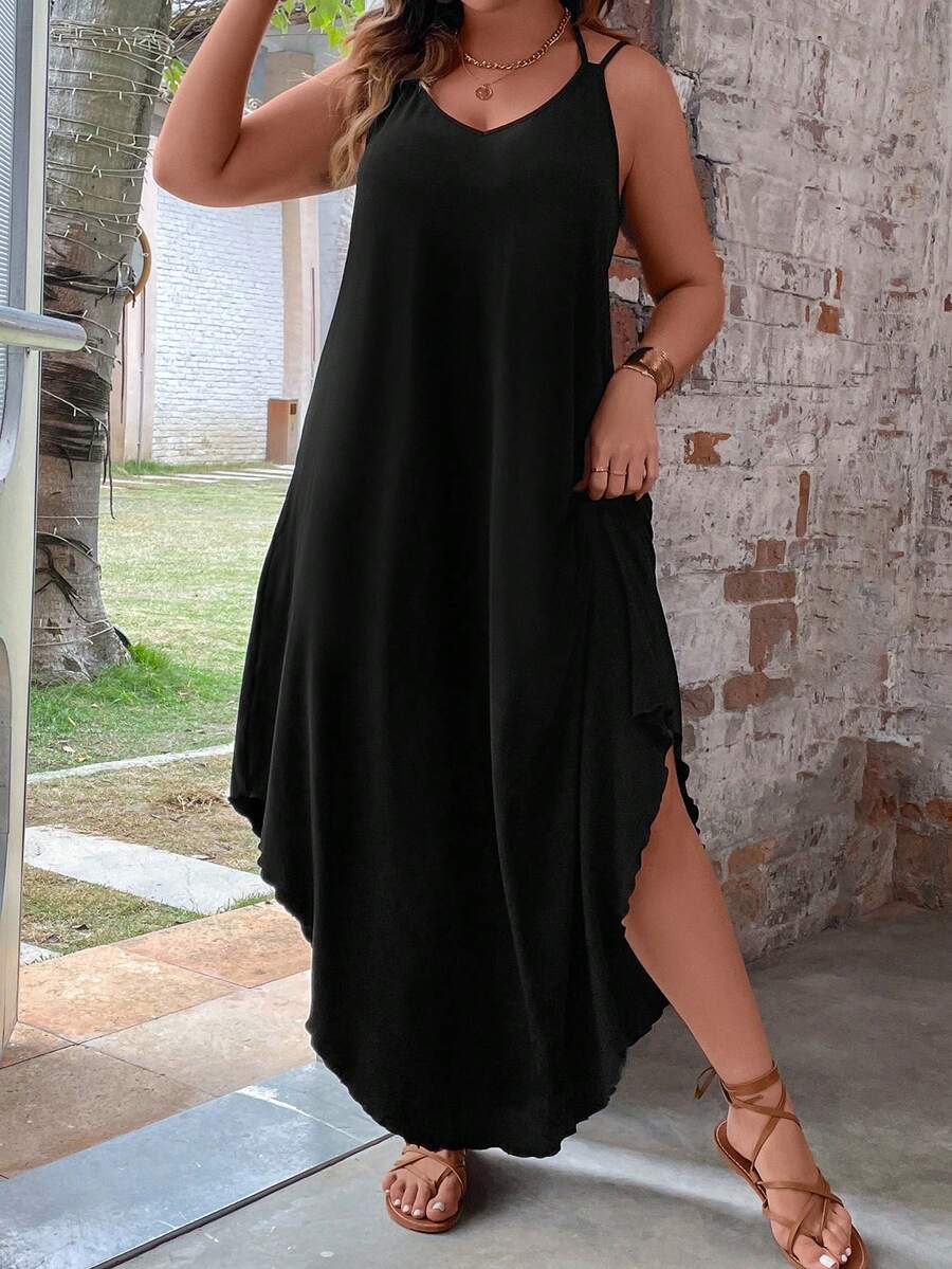 Breezaya Vestido maxi con camiseta de tirantes y dobladillo curvo, talla grande - Negro - Ver 1