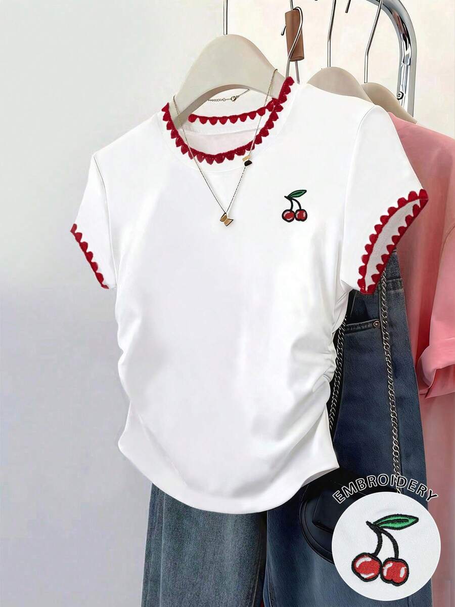 Resyla 女士户外休闲上衣，甜美风格，优雅设计，夏季新品，户外运动，修身腰部褶皱短袖T恤，白色，樱桃图案，刺绣工艺，锯齿状刺绣，女士T恤 - 白色 - 查看 1