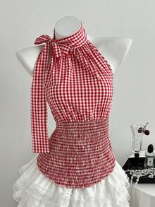 Lyxana Women's Red & White Plaid Cotton Fabric Asymmetric Shoulder Tie-Neck Backless Blouse, Elegant For Spring, Summer, Commute, Graduation, Back To School, Teacher, Daily Wear, Date - Red and White - View 5