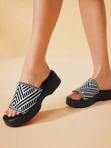 HighSole Giày sandal đế xuồng và đế cao thời trang mùa hè dành cho nữ - Đen và trắng - Xem 3