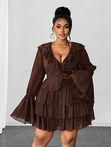 Maweii 大码女式V领荷叶边拼接长袖上衣搭配雪纺多层蛋糕迷你裙，时尚约会派对装扮 - 棕色 - 查看 2