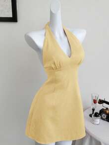 Elamini 深V领露背系带优雅性感A字连衣裙，春夏款 - 淡黃色 - 查看 3