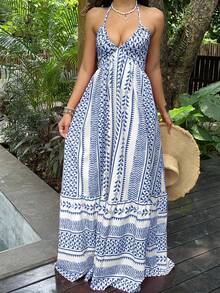 Sunnyshic Pink Digital Print Fitted Waist Backless Halter Neck Vacation Style Midi Dress - Blue and White - View 4