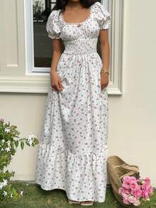 Sunnyshic Đầm nữ dáng thường ngày, đa năng, thích hợp đi nghỉ mát, dự tiệc, ăn tối, dạo phố mùa xuân, phối ren hoa, eo xếp ly, cổ vuông, tay phồng, thích hợp cho mùa xuân/hè. - Nhiều màu - Xem 4