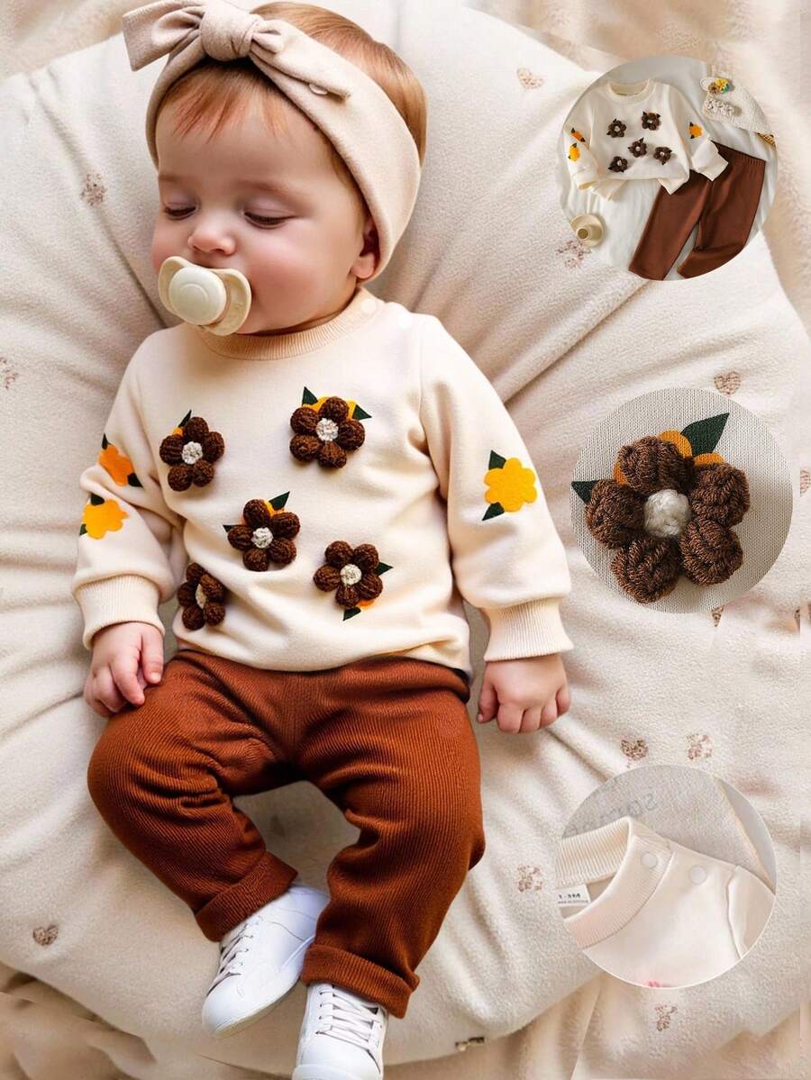 SHEIN Bộ áo nỉ và quần dài màu hồng có gân cho bé gái sơ sinh, kiểu dáng thường ngày, họa tiết hoa 3D dễ thương. - màu nâu - Xem 1