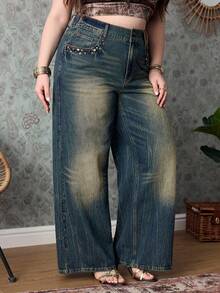 ROMWE Grunge Punk Jeans de pierna ancha con diseño de remaches vintage desgastados para mujer de talla grande - Azul - Ver 5