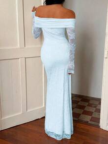 Sunnyshic 优雅纯色蕾丝露肩婚礼圣诞派对礼服 - 薄荷藍 - 查看 2