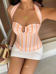 Sunnyshic Women's Elegant Casual Everyday Vacation Striped Graphic Print Halter Tie Bow Blouse, Spring/Summer - Multicolor - View 4