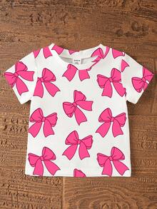 SHEIN 一套女婴休闲时尚可爱甜美情人节蝴蝶结印花圆领短袖T恤和针织修身短裤套装，适合夏季外出穿着 - 彩色 - 查看 6